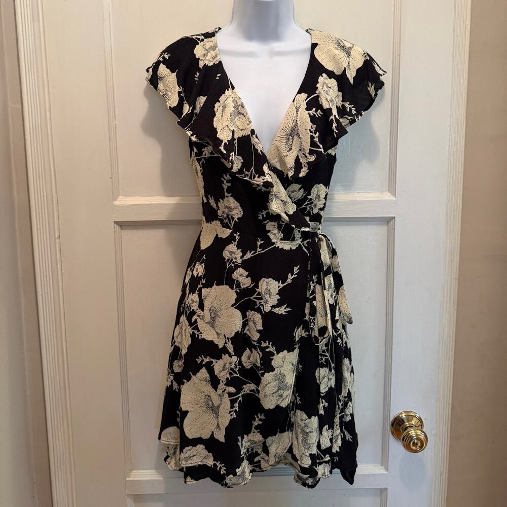 Free People Mini Wrap Dress S Black White Floral Festival Coquette Whimsigoth